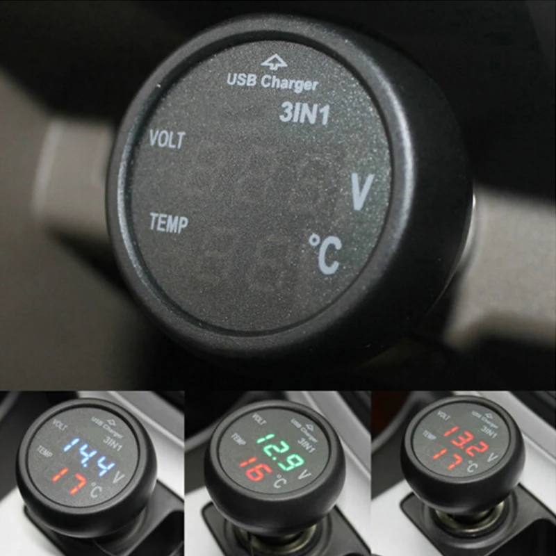 Car Charger 3in1 12/24V Voltmeter Thermometer USB Charger Switch Auto LED Digital Monitor Display Current Meter Volt Detector