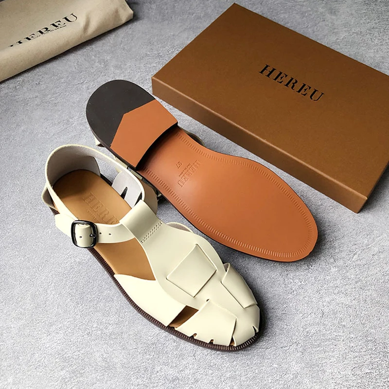 HEREU 2022 New Women Sandals Real Genuine Leather Ins Summer Shoes Women Roman Fashion Daily Vacation Female Footwear