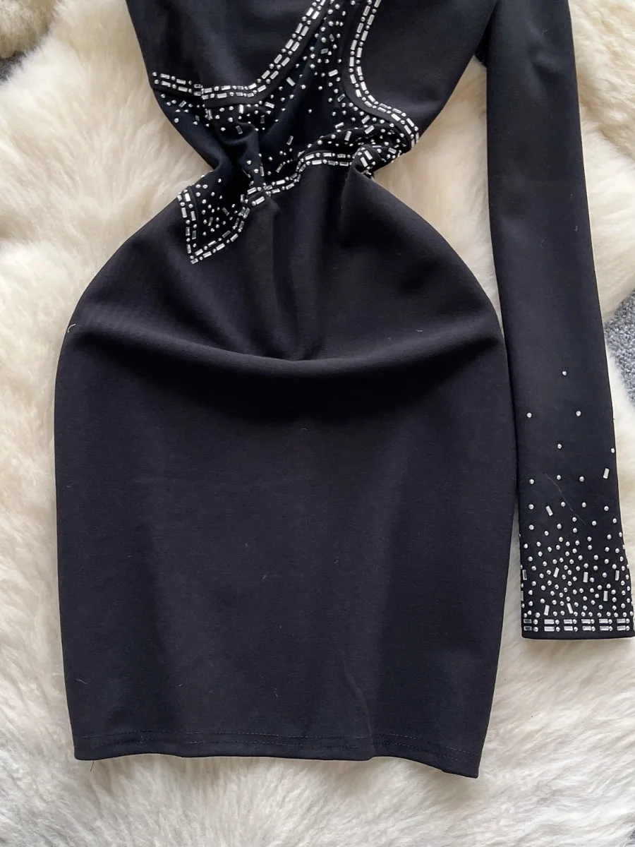 Foamlina menina high street chique indústria pesada fora do ombro suspender vestido de manga longa y2k quente diamante cintura vestidos apertados