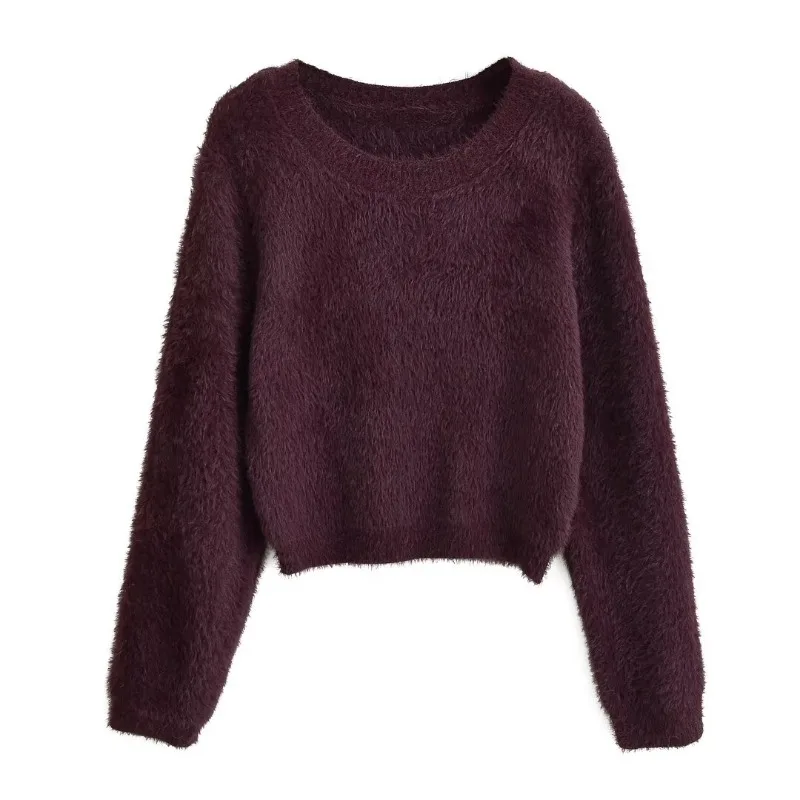 TRAF ZR Knit Pullovers Harajuku Vintage Burgundy Sweater Mink Cashmere Pullovers Long Sleeve Sweaters Women\'s Autumn Sweater