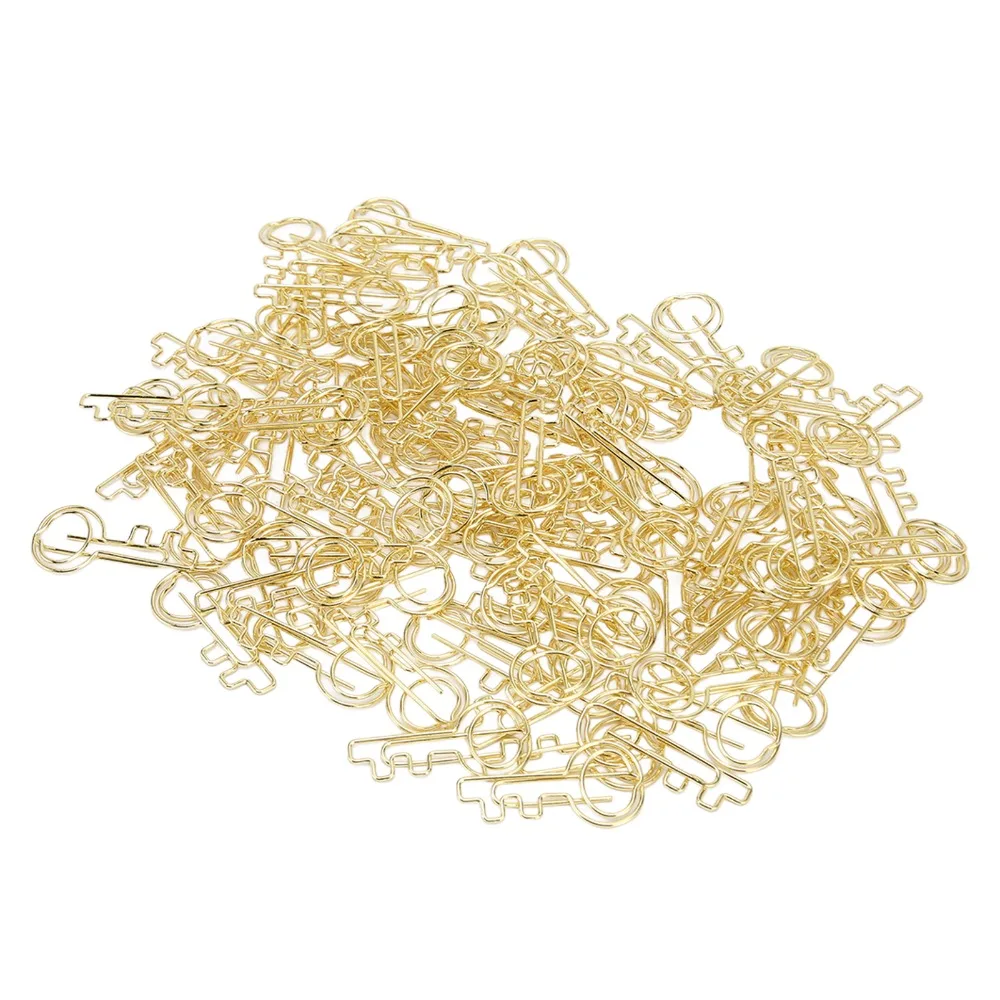 

100 шт. милых золотых скрепок в форме ключей с коробкой для хранения, маленькие металлические закладки с гальваническим покрытием, канцелярские принадлежности