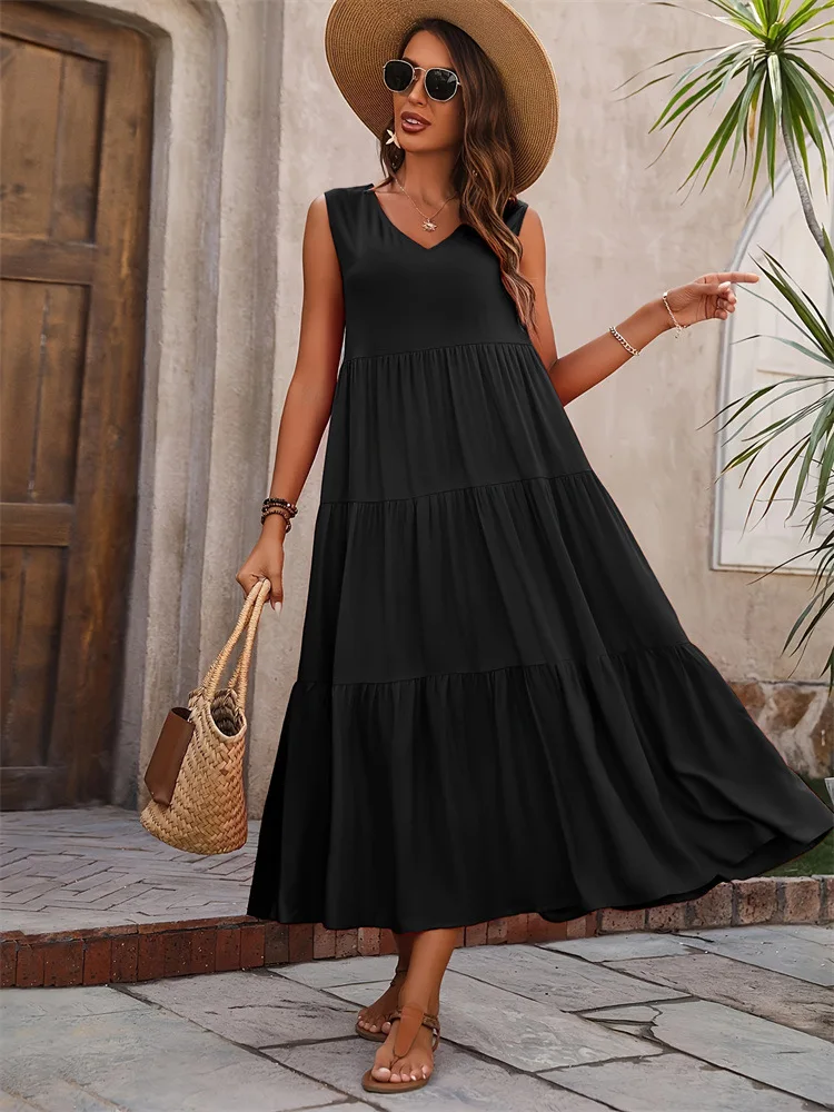 Loose Sleeveless Boho Dress 2024 V Neck Large Swing Solid Color Dress Tiered Ruffle Layer Summer Vest Dresses Long Vestidos
