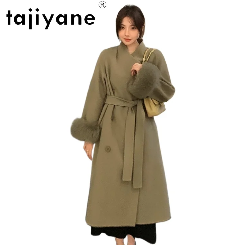 TAJIYANE 100% Sheep Wool Coat Woman Long Coats for Women Clothing Winter Coat Elegant Fox Fur Cuffs Outerwears Jackets Пальто