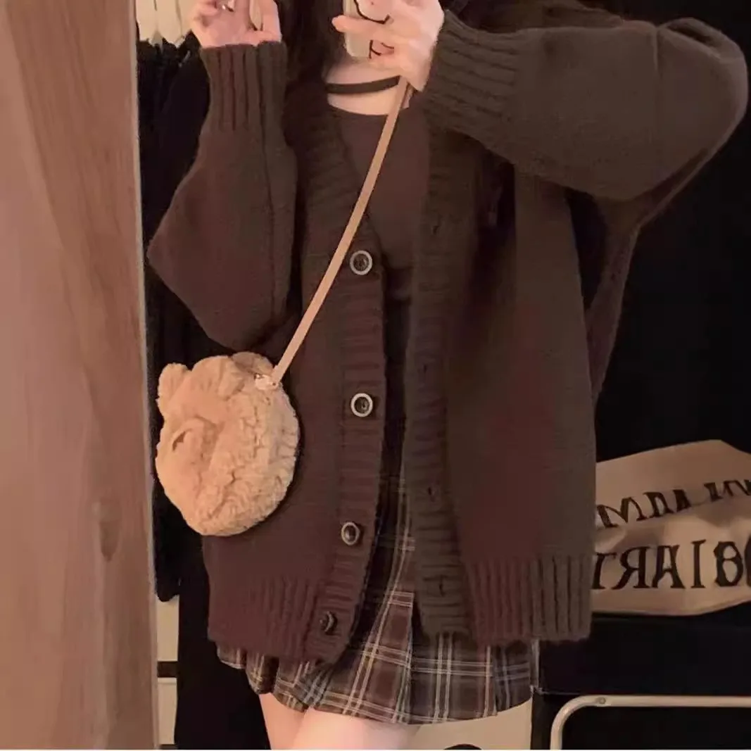Chaqueta de suéter caqui para mujer, cárdigan de punto holgado y adelgazante, versión coreana de otoño e invierno