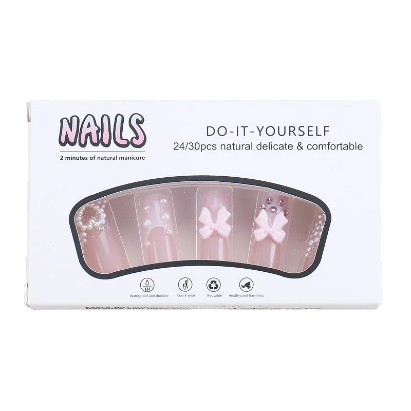 

Wearing nail rectangular pearl bow French nail art piece finished European and American fake nail sticker