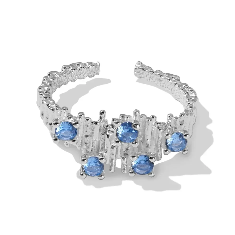 

New S925 Silver Ring for Women with Irregular Wrinkles, Blue Zircon Texture, High Grade Open End Ring