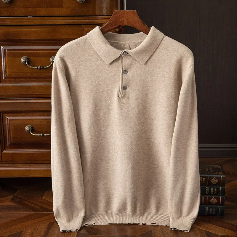 Soft Cashmere Blend Polo Collar Sweater Men's Clothing Tops Autumn Winter Male Business Casual Lapel Knitted Pullover