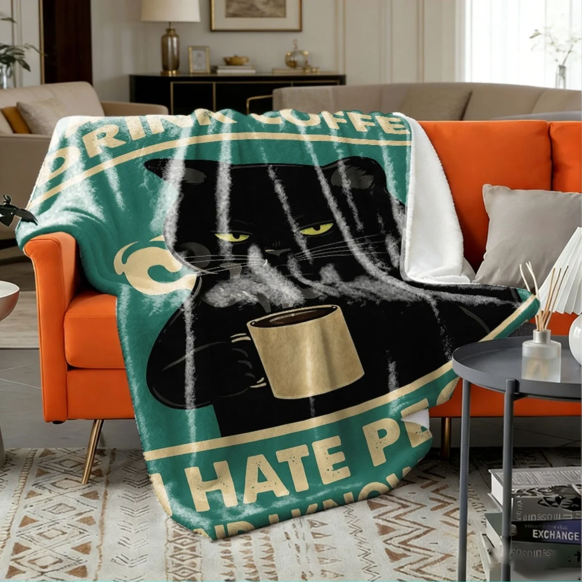 Cozy Cat Coffee Lover Throw Blanket Fleece Flannel Print Home Decor Couch Throw Gift for Funny Pet Owner Sofa Bedding
