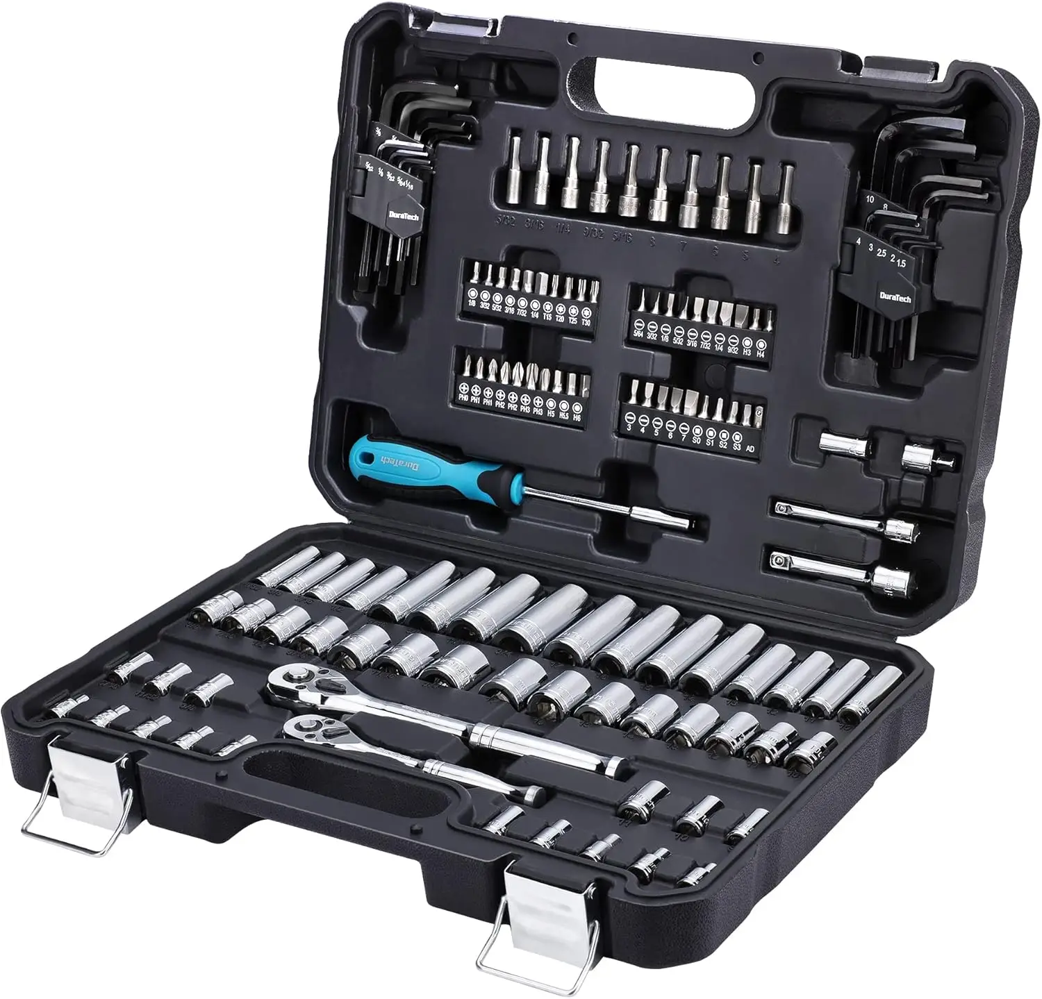 

121-Piece Mechanics Tool Kits, Include SAE/Metric Sockets Set, 72-Tooth Drive Ratchet, 40-in-1 Screwdriver, and Hex Keys with C