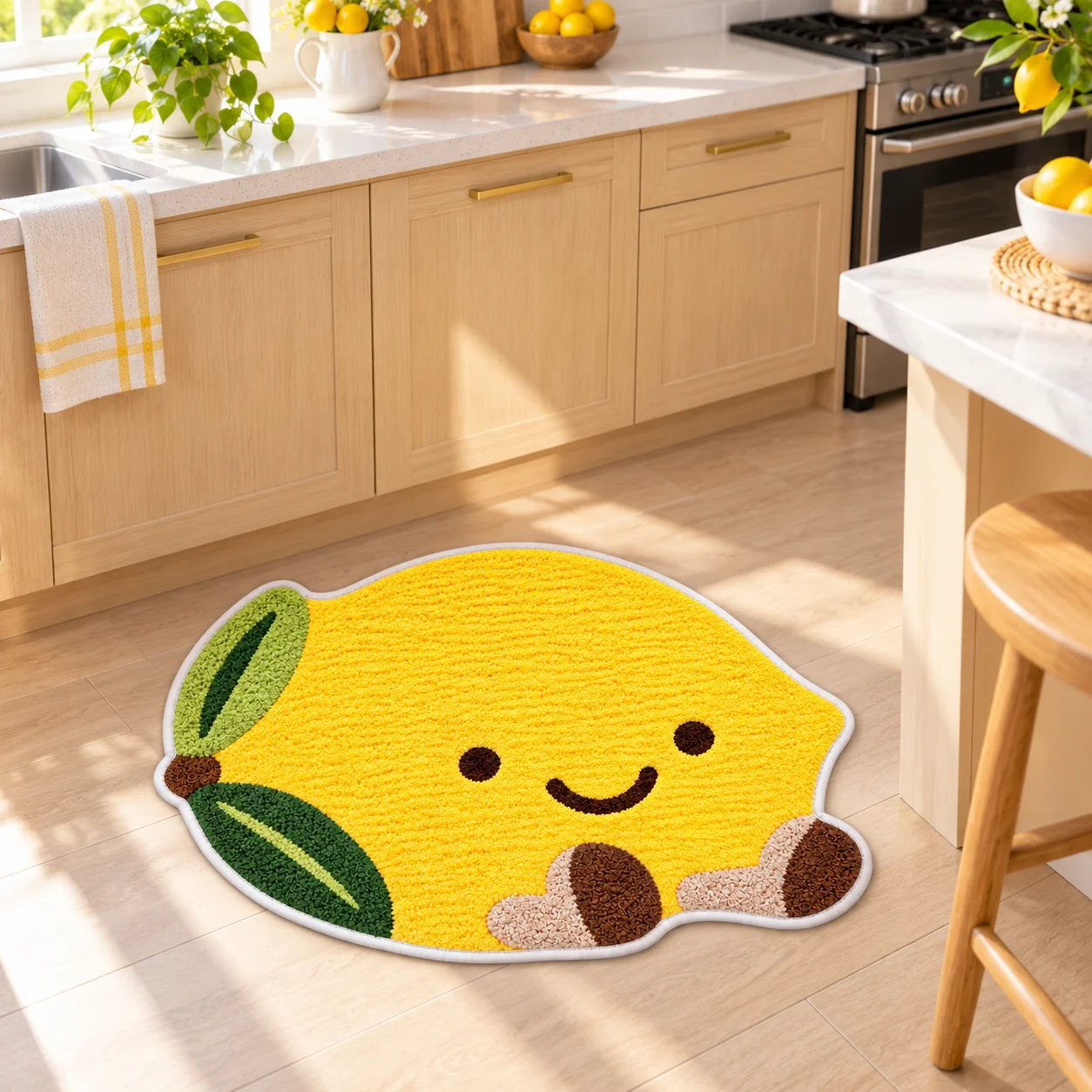 Cute Smiling Lemon Shaped Area Rug, Floor Mat for Kitchen, Dining Room, Cafe Entryway and Cheerful Home Decor Gift