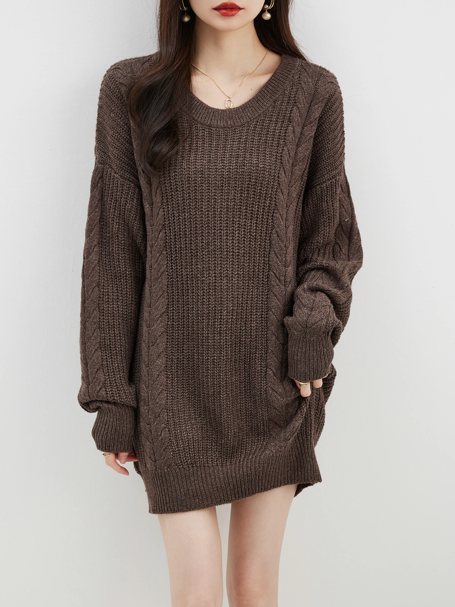 EU Size Sweater Women\'s 2023 Oversized Fall Winter Warm Crewneck Long Sleeve Knit Cable Long Pullover Fashion Wool Sweater Dress