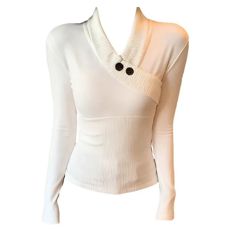 Kimotimo Long Sleeve T-shirts Women Solid Cross V Neck Button Chic Slim Fit Base Tops Autumn Winter Sexy Y2k Aesthetic Tees New