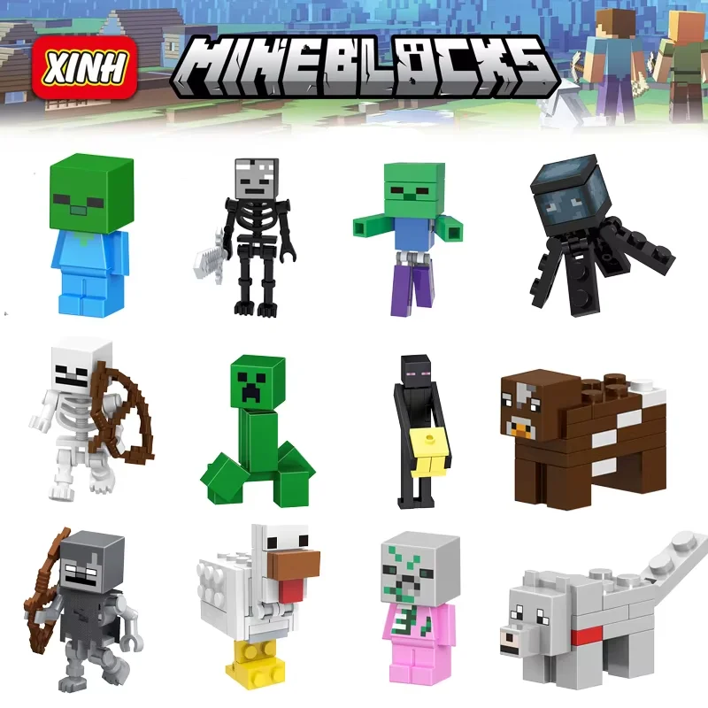 Steve Alex Zombie Villager Creeper Building Blocks Toys Game Wither lron Golem Cartoon Toys Skeleton Drowned Figure For Children