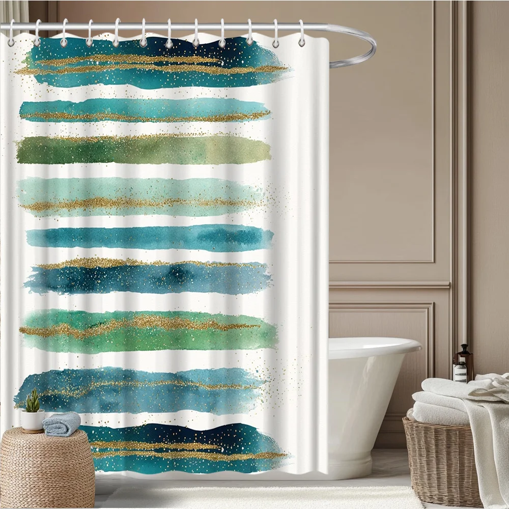 Watercolor Shower Curtain – Horizontal Teal & Mint Stripes with Gold Foil Dots, 2D Flat Print, Polyester, 12 Hook Holes