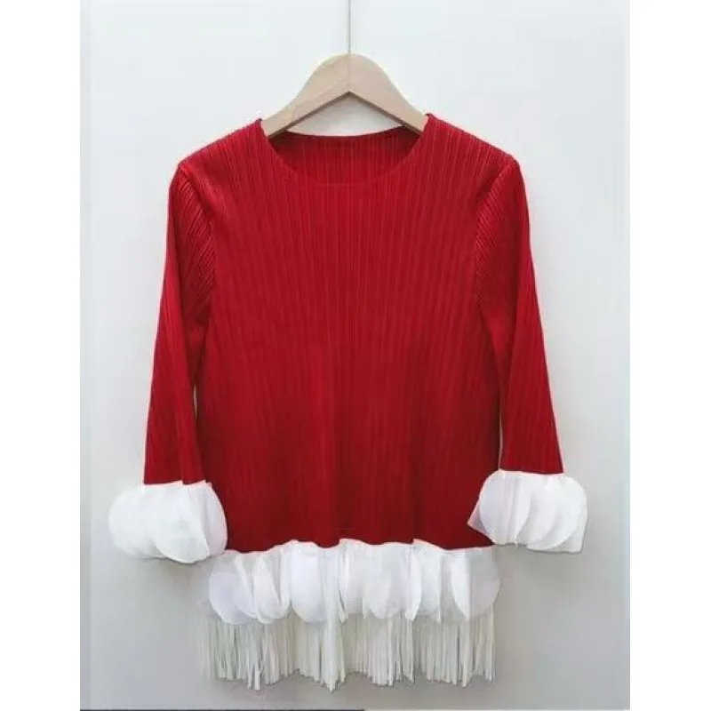 T-shirt coupe cintrée pour femme, avec motif de couleur plissée et bordure en dentelle, décoration 3D, haut à franges, Long, Sve Dr, automne