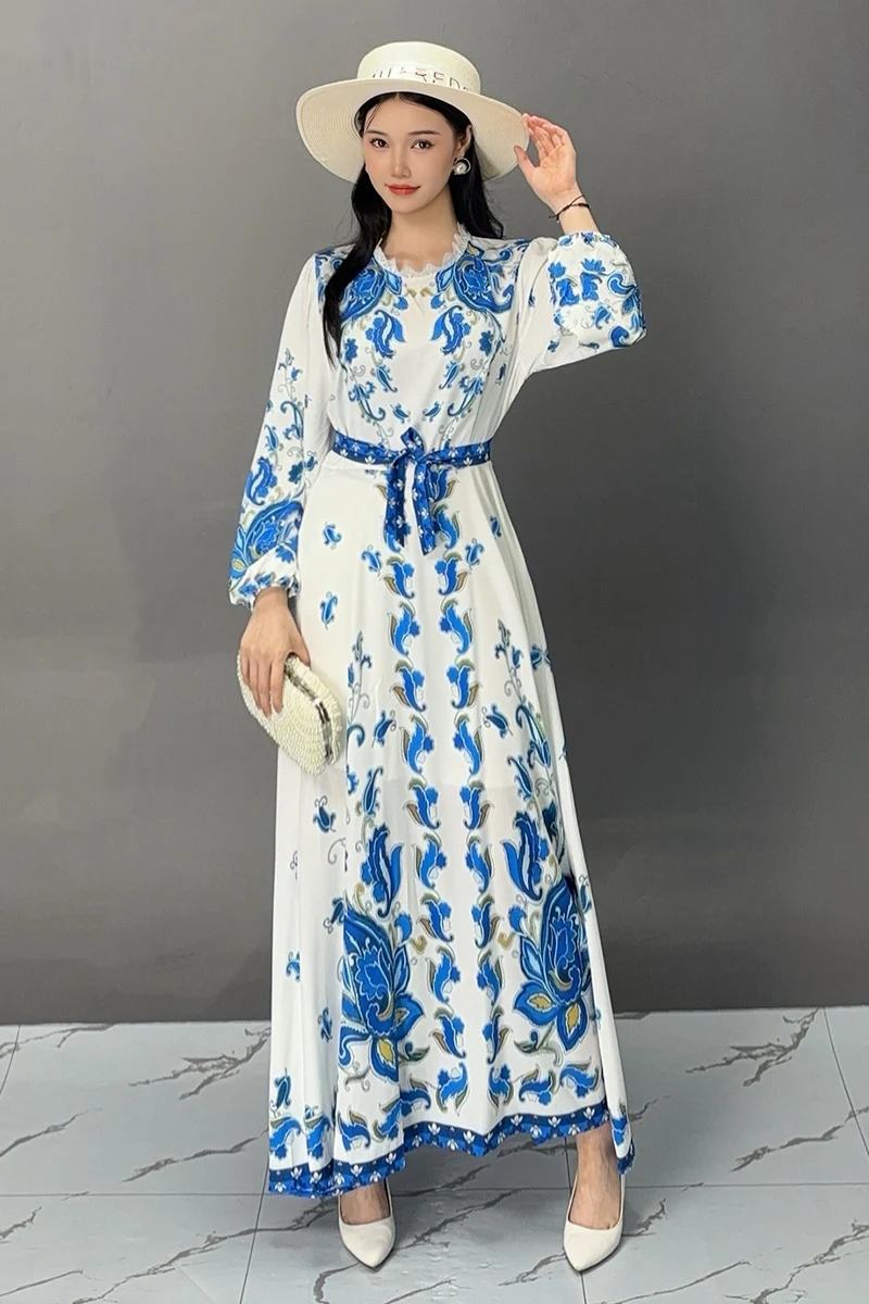 2024 Autumn New Elegant Printed Loose Lace-up Long Dresses Women Fashion O Neck Long Sleeve Dress Wholesale J349