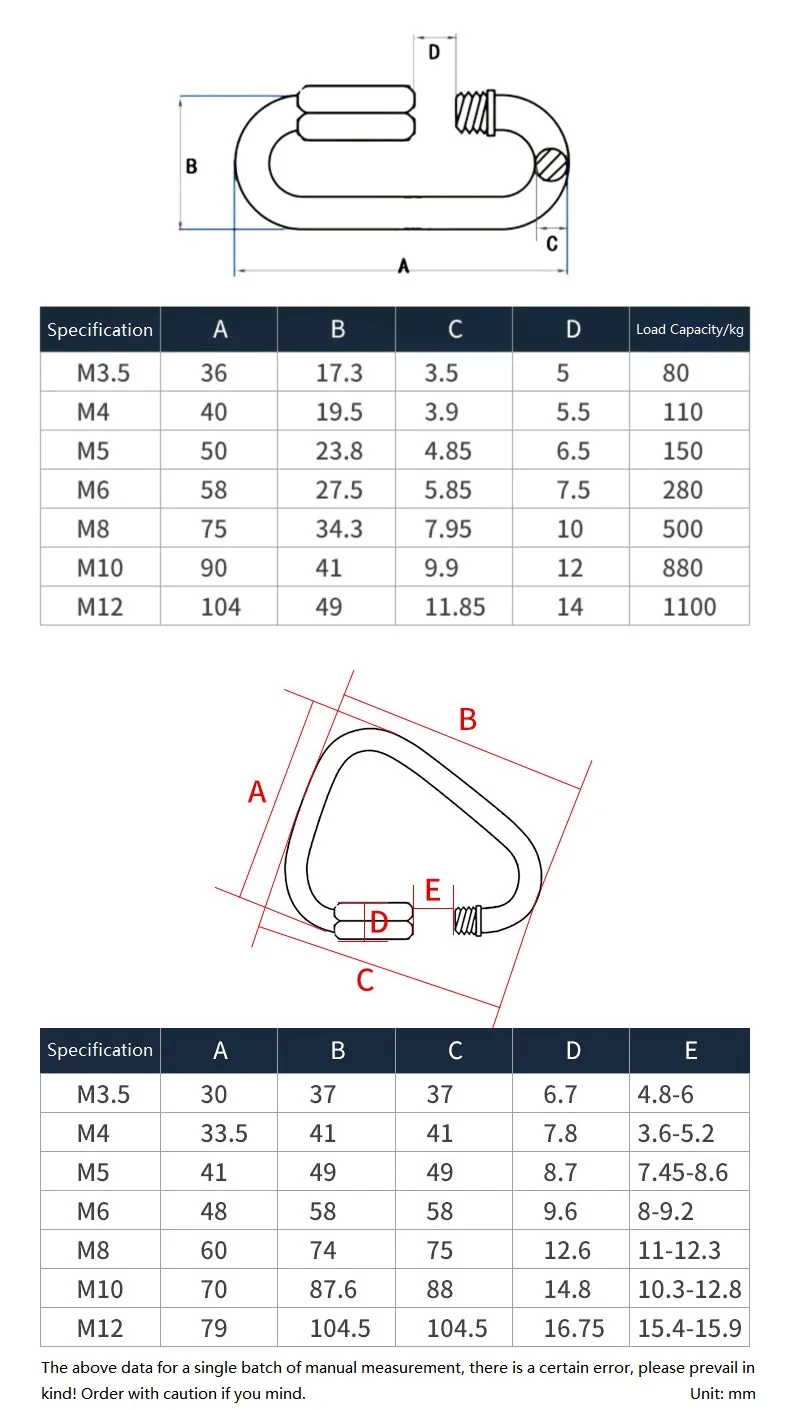 1Pcs M3.5 M4 M5 M6 M8 M10 M12 304 Stainless Steel Oval / Triangle Locking Carabiner Clip Quick Links Rope Connector Hook