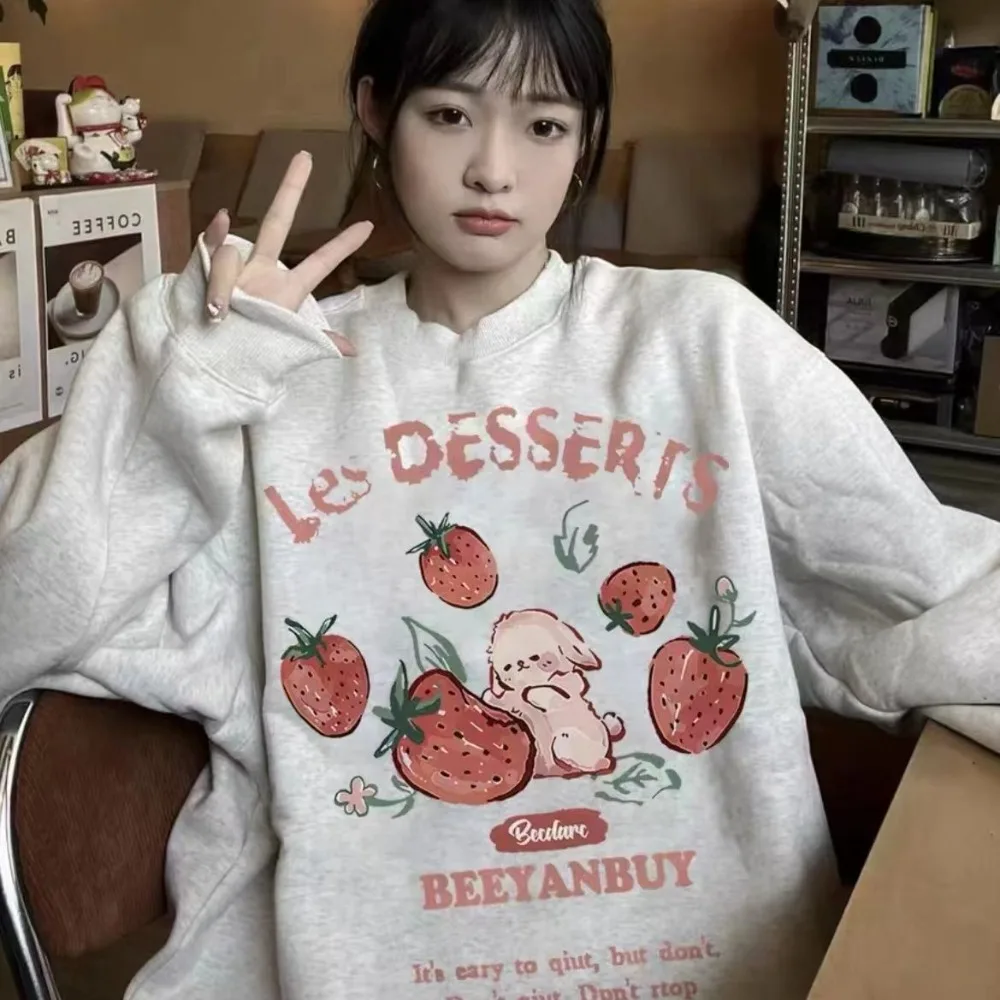 Winter Pure Cotton Oversized Sweater Harajuku Cute Kawaii Fruit Rabbit Anime Hoodie for Girls O-neck Loose Long Sleeve Pullover