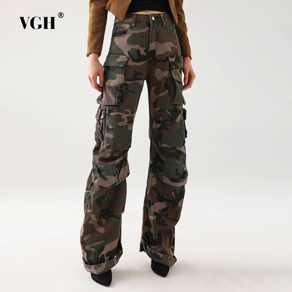 

VGH Camouflage Printing Casual Denim Trousers For Women High Waist Spliced Pockets Minimalist Loose Wide Leg Pants Female New