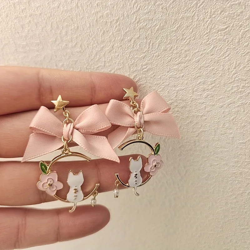 Korean Style Fashion Bow Cute Animal Kitten Dangle Earrings for Women Sweet Tassel Earrings Party Jewelry