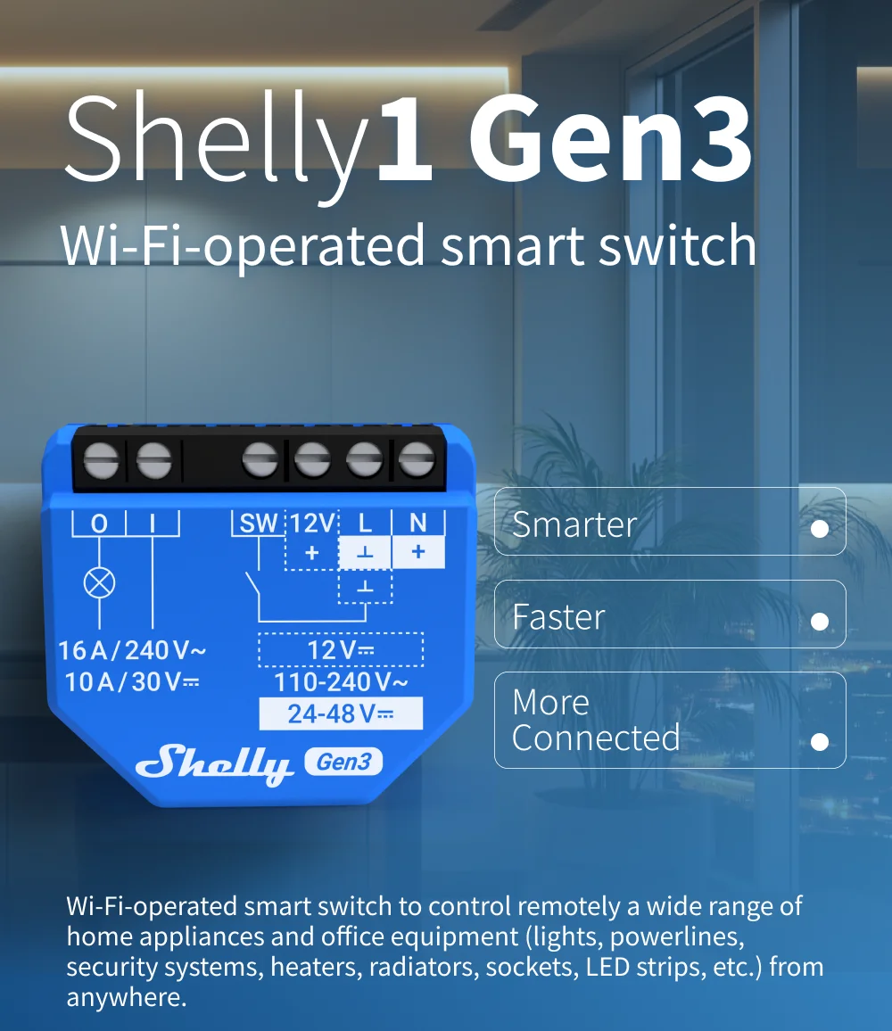 Shelly 1 Gen3 Dry Contact Smart Switch WiFi Bluetooth Operated Relay Low Voltage Support Over Temperature Protection Control
