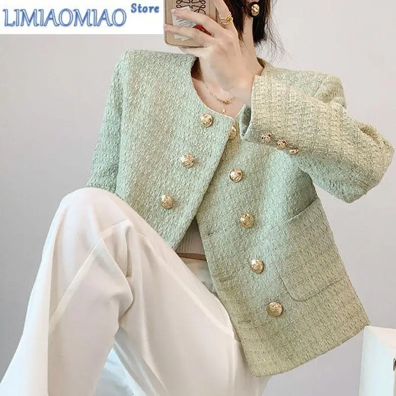

Spring and Autumn Fashion French Celebrity Double Breasted Small Fragrant Coat Versatile Western Short Women's Long Sleeved Top