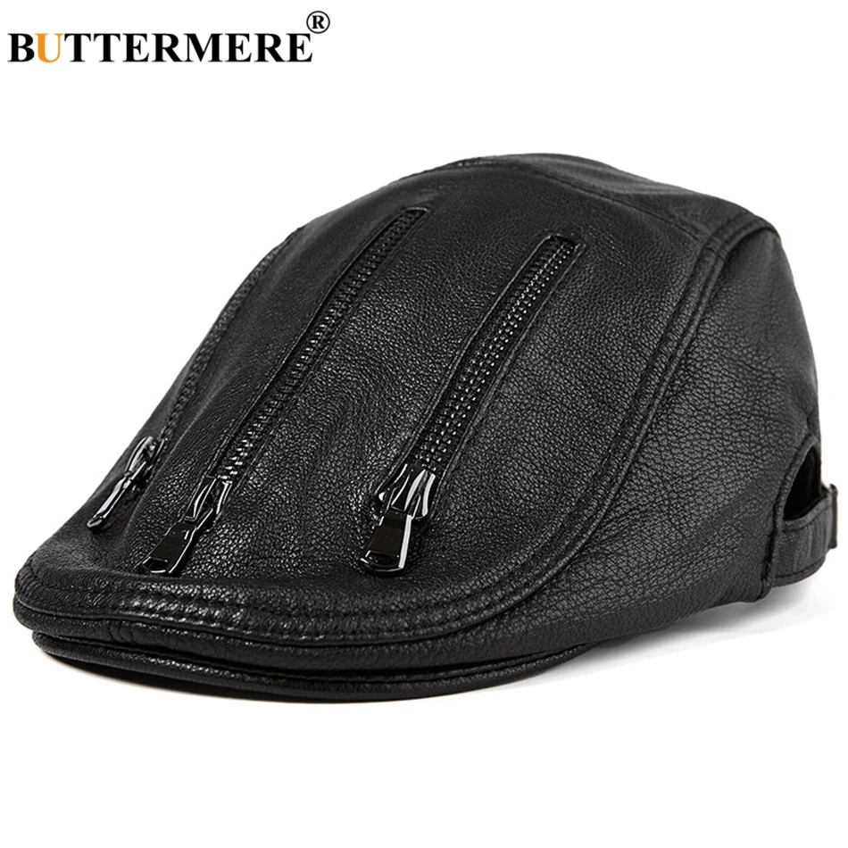 BUTTERMERE Black Berets For Men Leather Flat Caps Male Adjustable Ivy Cap Zipper Genuine Sheepskin Leather Italian Duckbill Hats