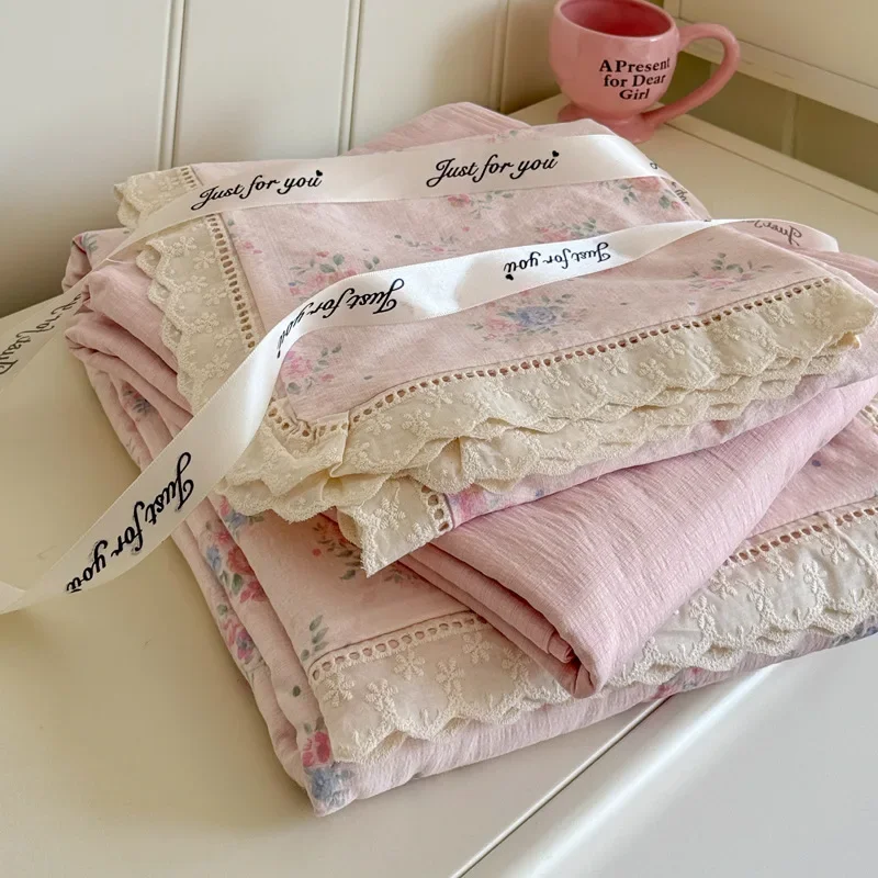 Summer Double-Layer Yarn Floral Bedding Set Princess Style Hollow Lace Duvet Cover Breathable Soft Bedsheet Sets for Adults