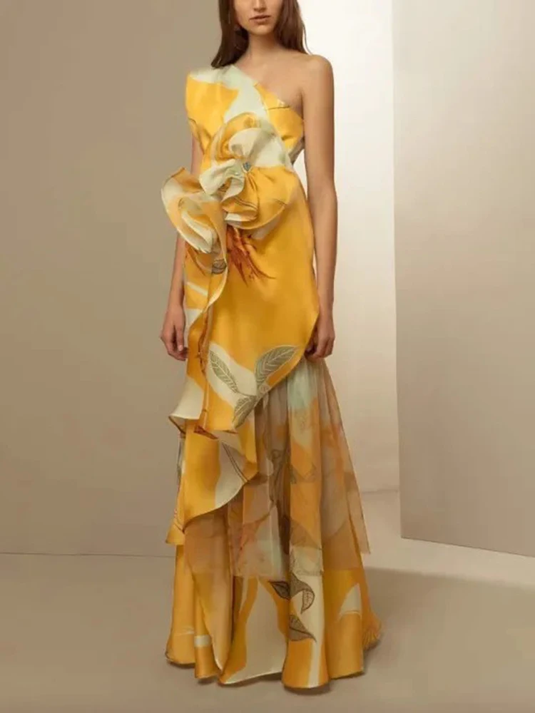 Fashion Printing Sloping Shoulders Dresses Spring Women Sleeveless Slim Dress Autumn High Waist Color Blocking Knee Length Dress