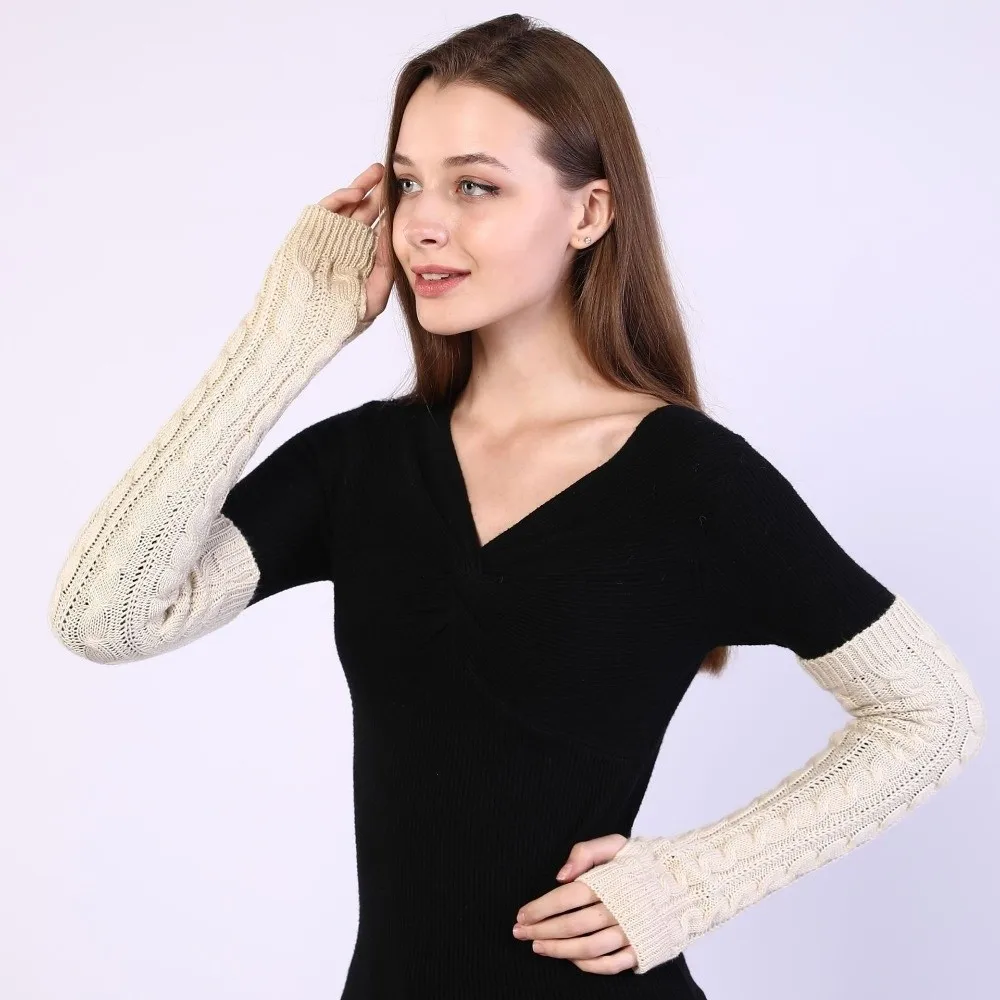 Casual Solid Color Fingerless Gloves Knit Black Hand Warmer Long Mittens Over Elbow Gloves Women