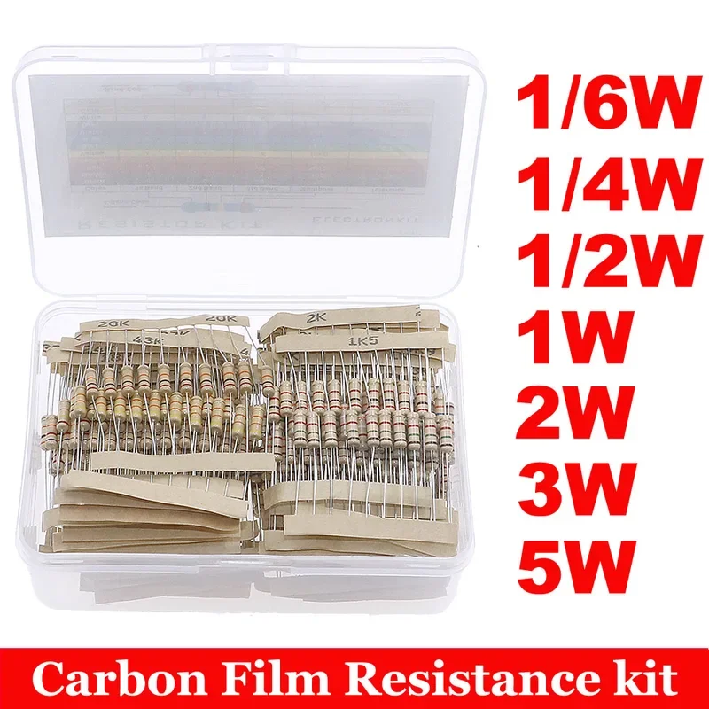 1/6W 1/4W 1/2W 1W 2W 3W 5W 5% 0 ohm-10M Carbon Film Resistance Four Color Ring Resistor Assorted Kit with Box