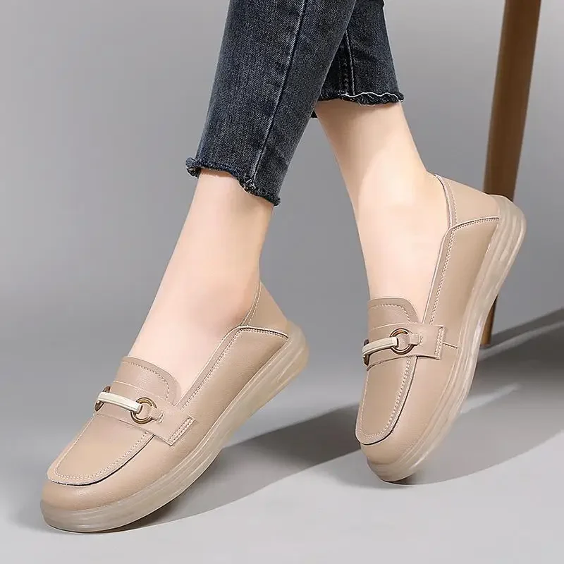 Mocasines planos de piel auténtica para mujer, calzado con plataforma, Otoño, 2024