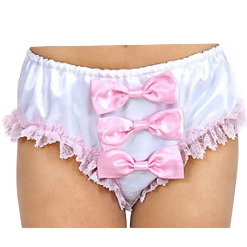 

Adult Giant Baby Sexy Girl White Satin Lining Pink Bow Shorts Sissy Role Playing Maid Shorts Customization