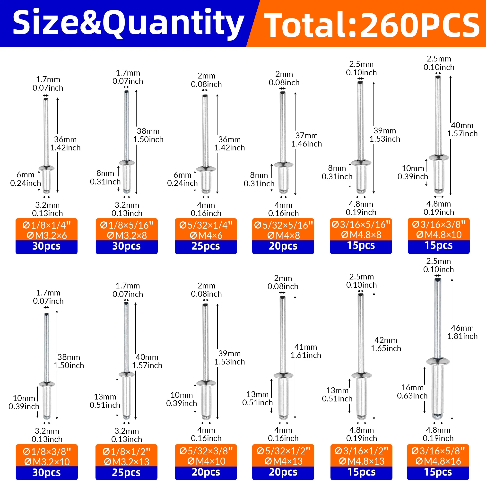 260pcs Pop Rivets Assortment Kit - 12 Sizes Aluminum Blind Rivets for Metal Furniture & Automotive, Assorted Fastener Set