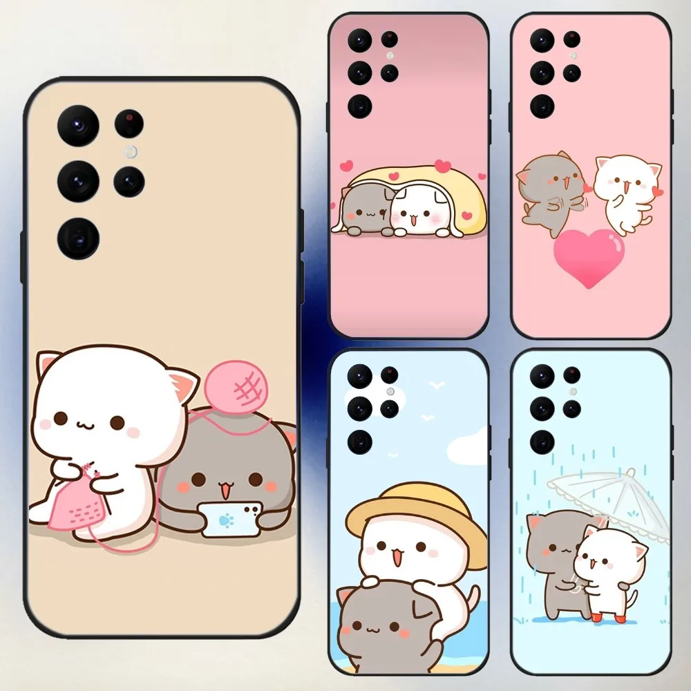 

Cartoon Peach Mochi Cat Phone Case For Samsung S24,23,22,30,21,10,9,Ultra,Plus,Lite,FE,5G Black Soft Case