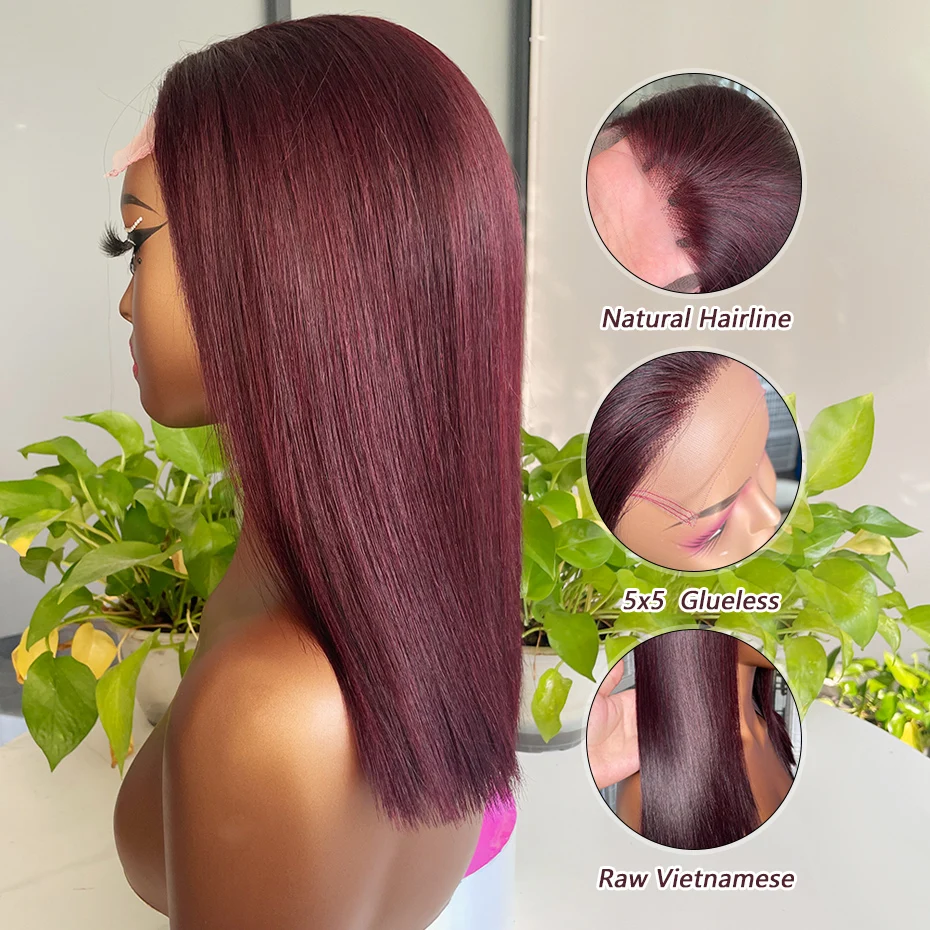 

99J Dark Burgundy 5x5 2x6 ready to go Glueless Wig 100% Human Hair Wig Raw Vietnamese 15ALace Frontal 13x4 13x6 Pre Plucked Wig