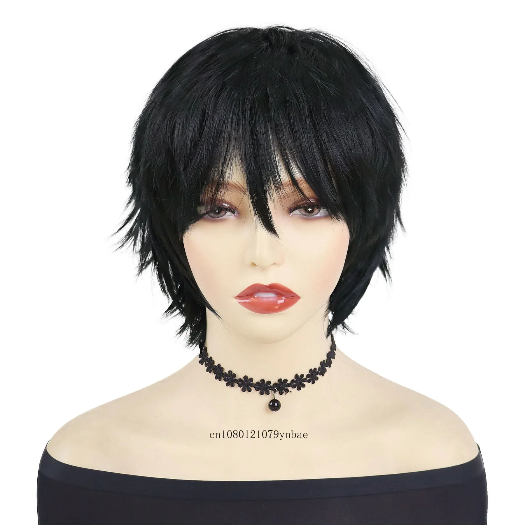 Synthetic Hair Fashion Spiky Layered Short Black Anime Cosplay Wig for Women Lady High Temperature Fiber Daily Party Costume