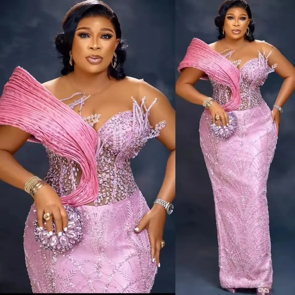 

Customized Pink Sheath Prom Dresses Beaded Crystals Sequined Lace Stylish Evening Formal Party Birthday Gowns Dresses Aso Ebi