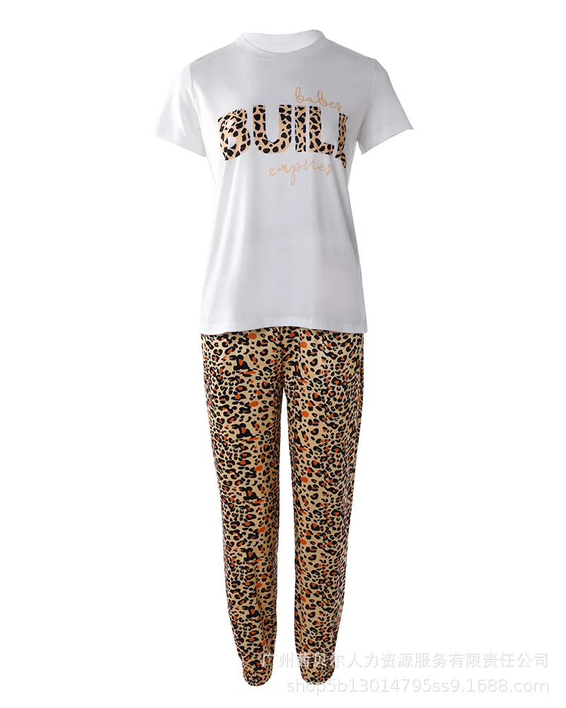 Two Piece Set for Women 2023 Summer Fashion New Leopard Print Short Sleeve Letter T-shirt Casual Silm Pants Set Female Clothing