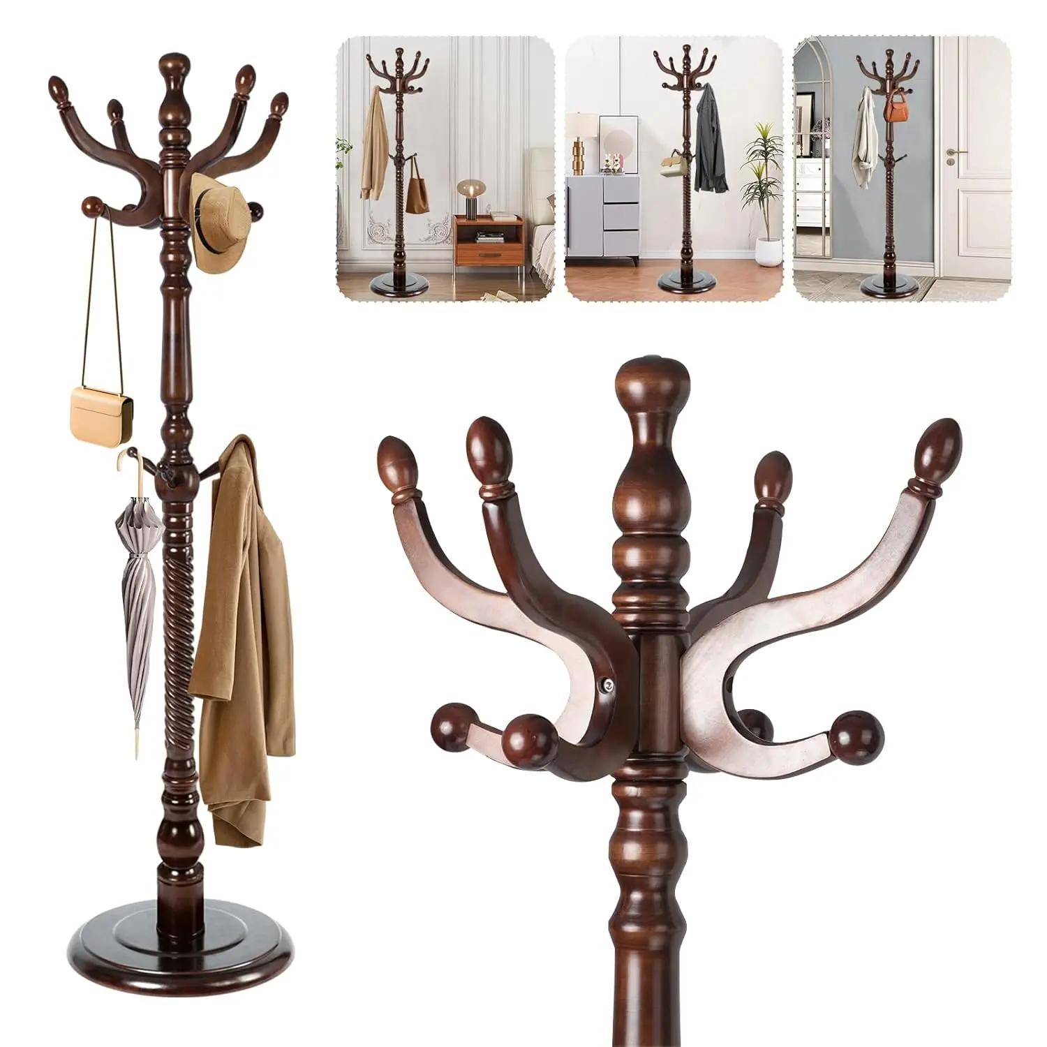 

70" Solid Wood Coat Rack Stand with 11 Hooks & Stable Base, Home Bedroom Office Hallway Entryway, Customized