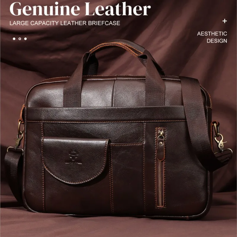 Tas Laptop Kulit Sapi Asli Berkualitas Tinggi untuk Pria, Gaya Bisnis, Tas Selempang untuk Aktivitas Sehari-hari ke Tempat Kerja