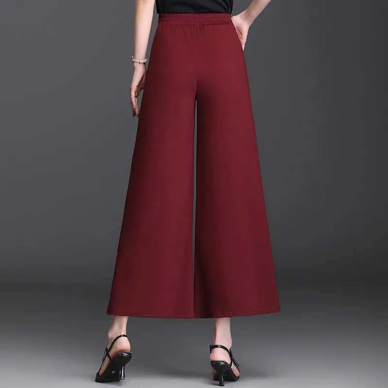 Korean Version of red Copper Spandex Spring and Autumn Women's Wide Leg Pants High Waisted Slim and Loose Fitting Cropped Pants