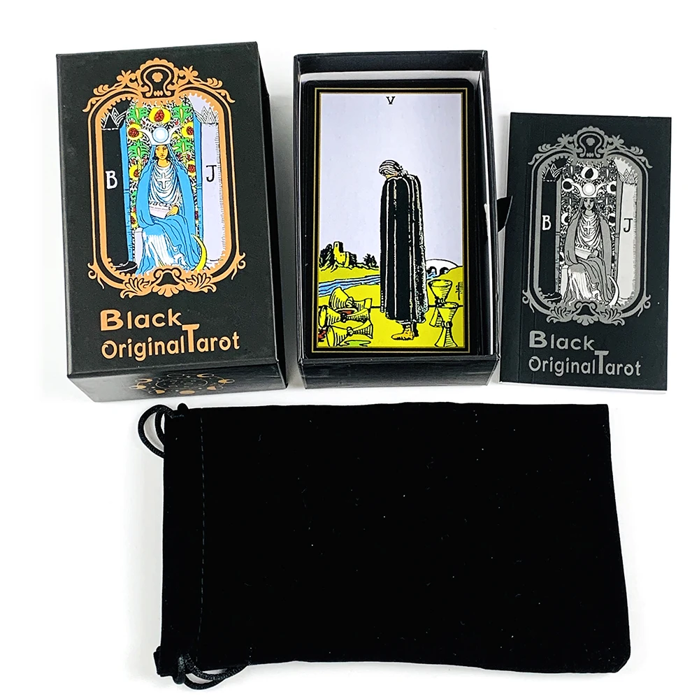 12*7cm Black Original Tarot Cards 78 Cards Pull-out Gift Box Fate Divination Board Games with Guidebook and Drawstring Pouch