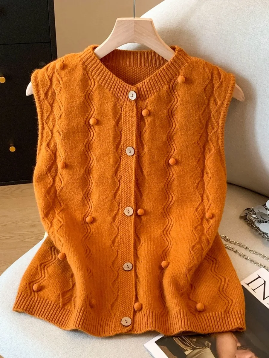 

Cute Bouclé Sweater Vest Women's Svel Top Korean Sle Button Decoration V-ne Long Sve Woolen Knittedwear