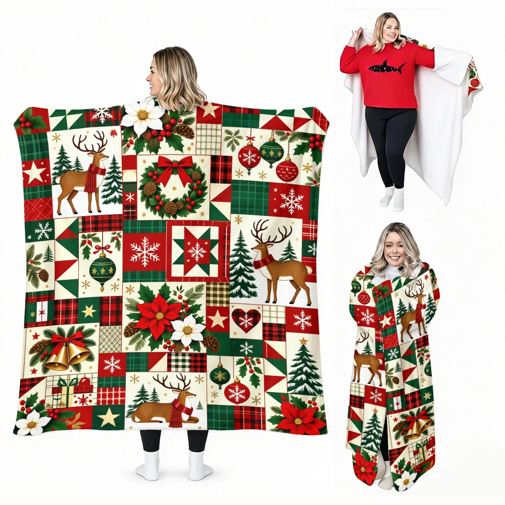 1PC Christmas-Themed Puzzle Print Wearable Blanket-Soft and comfortable for both men and women. Home decor, perfect for winter w