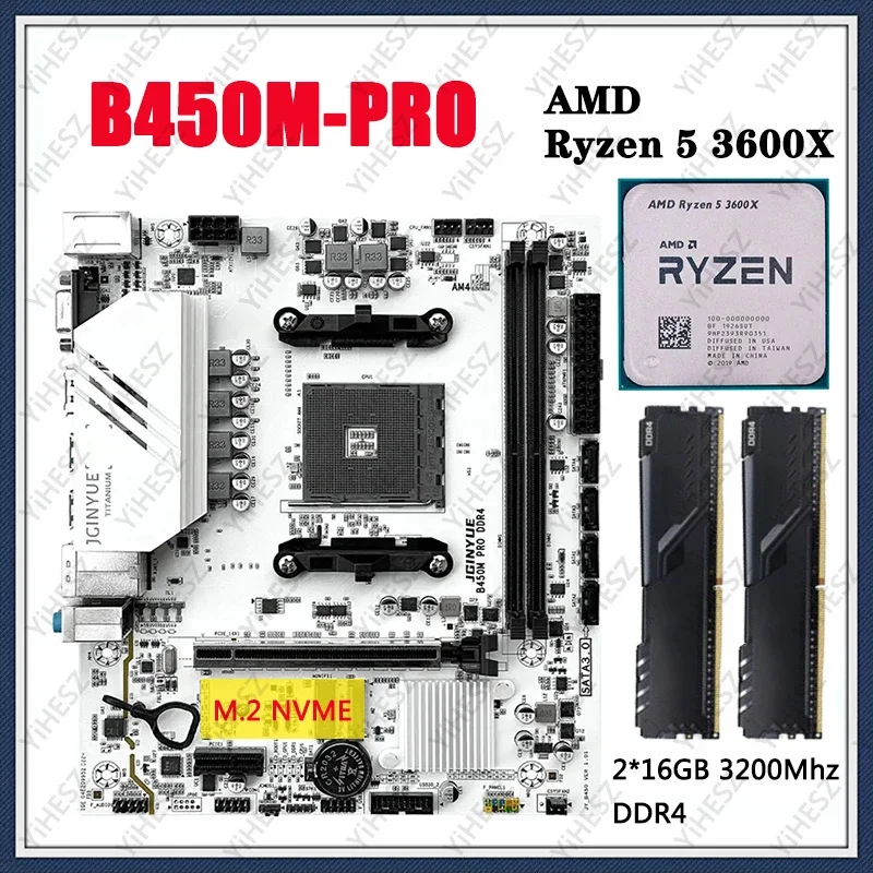 

JGINYUE B450M PRO AM4 Motherboard Kit With AMD Ryzen R5 3600X CPU Processors 2*16GB=32GB DDR4 Dual Channel Memory RAM M-ATX