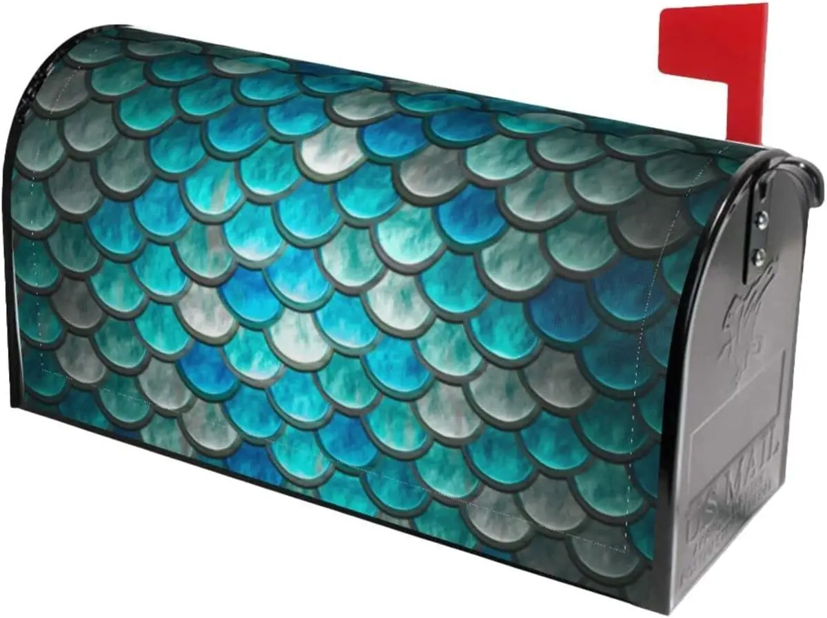 Blue Turquoise Mermaid Cyan Scales Mailbox Covers, Magnetic Post Box Cover Wraps Standard Size 21x18 in for Garden Yard Decor