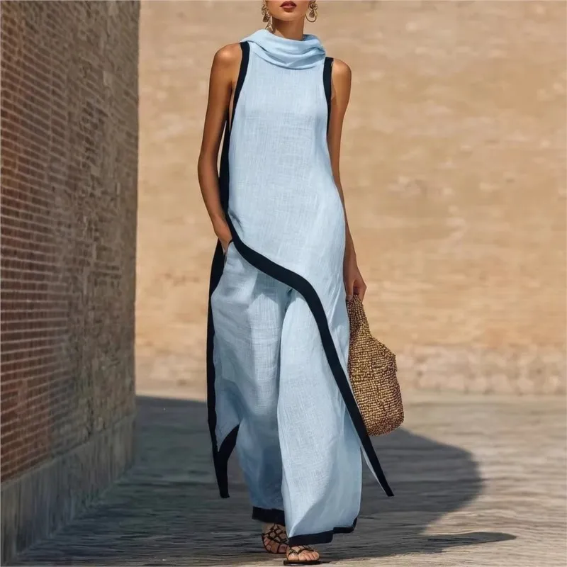 New French Retro Women's Two-Piece Set: Suit Solid Sleeveless Blouse With High Waist Pants Elegant Casual Matching Outfit Women