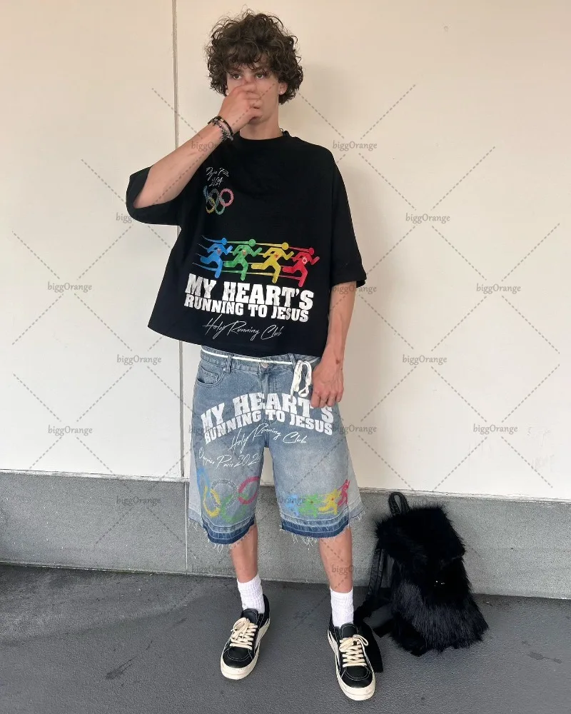 

Street Hip Hop Colorful Splicing Fashion Loose Denim Shorts Men American Harajuku Retro 2K Casual Versatile Raw Edge Jeans Women