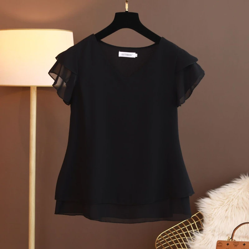 2024 Summer New Plus Size Women Chiffon Blouses Loose V-Neck Short Sleeve Fashion Cozy Tops Casual Shirts Blusas Mujer De Moda